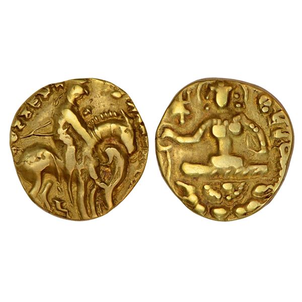 Ancient India: Post-Gupta North India, gold dinar of Prakashaditya, 'Horseman-Lion Slayer' type RRR