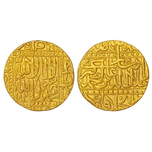 Mughals: Akbar (1556-1605 AD), gold mohur, Dar ul-Khilafat Agra mint, AH 982, KM 108.1,