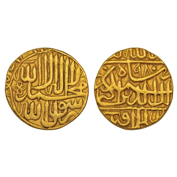 Mughals: Akbar (1556-1605 AD), gold mohur, Dar ul-Khilafat Agra mint, AH 980, KM 106.1,