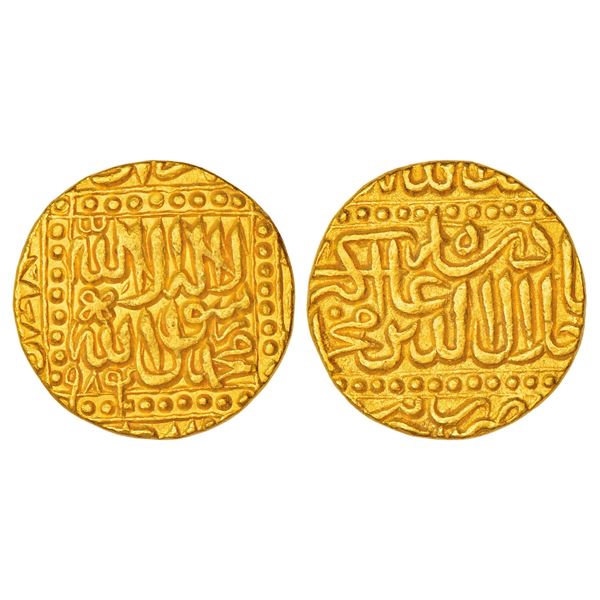 Mughals: Akbar (1556-1605 AD), gold mohur, Jaunpur mint, AH 984, flower mint-mark on obverse,