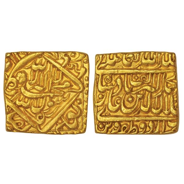 Mughals: Akbar (1556-1605 AD), gold square mohur of 10-rupees (heavy weight), Urdu Zafar Qarin mint