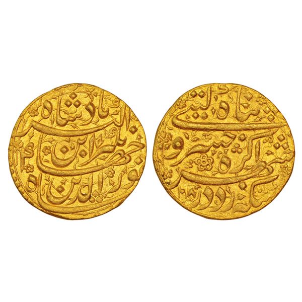 Mughals: Jahangir, gold 'Sawai' mohur, struck to 25% overweight, Agra mint, 'Khusru-e-Giti Panah