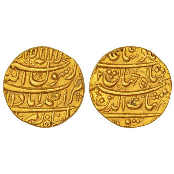 Mughals: Shah Jahan (1628-1658 AD), gold mohur, Ahmadabad mint, Isfandarmuz (Pisces) month,