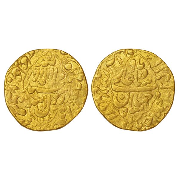Mughals: Shah Jahan (1628-1658 AD), gold mohur, Akbarabad mint, AH 1043/RY 6, both sides legend