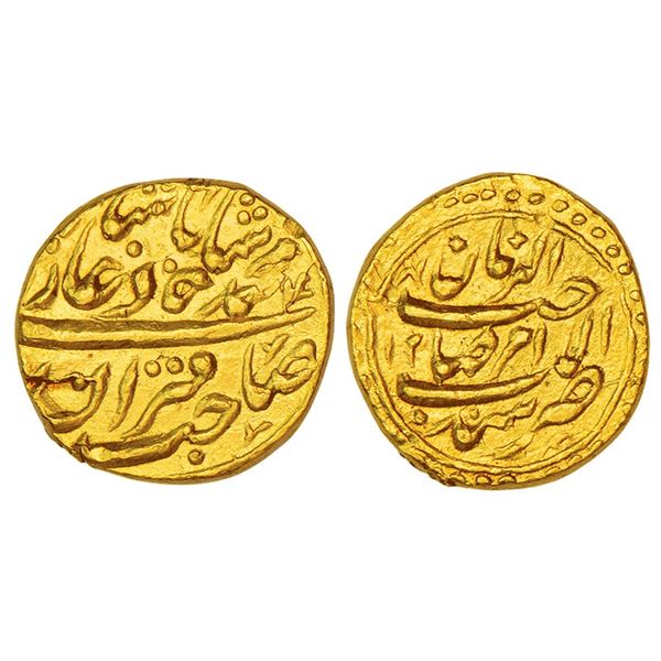 Mughals: Muhammad Shah (1719-1748 AD), gold ½ Mohur, Sind mint, KM D438.2. 5.47g.