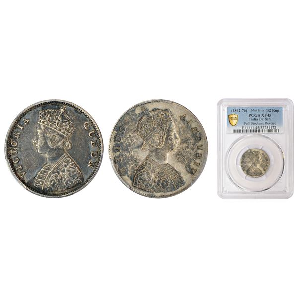 British India: Victoria Queen, silver ½ rupee, ND (1862-1876 AD), obverse part full brockage (Lakhi)