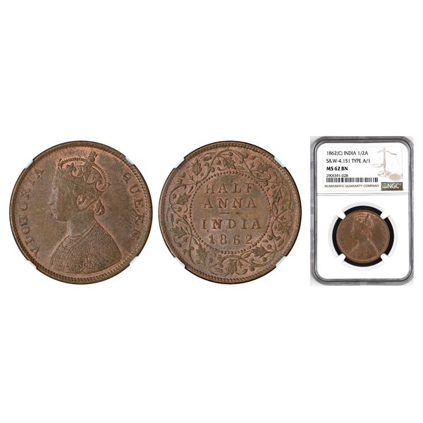 British India: Victoria Queen, copper ½ anna, 1862, Calcutta mint, type A/1, S&W 4.151; PR 576.