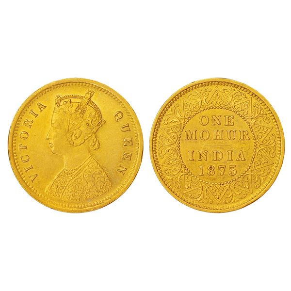 British India: Victoria Queen, gold mohur, 1875, Calcutta mint, two flowers in bottom panel,