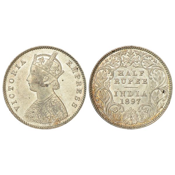 British India: Victoria Empress, silver ½ rupee, 1897, Calcutta mint, 4 panels, A/I/'C' incused