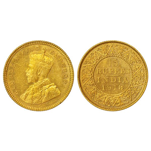 British India: George V, gold 15 rupees, 1918, Bombay mint, S&W 8.1; PR 25, 7.98g.