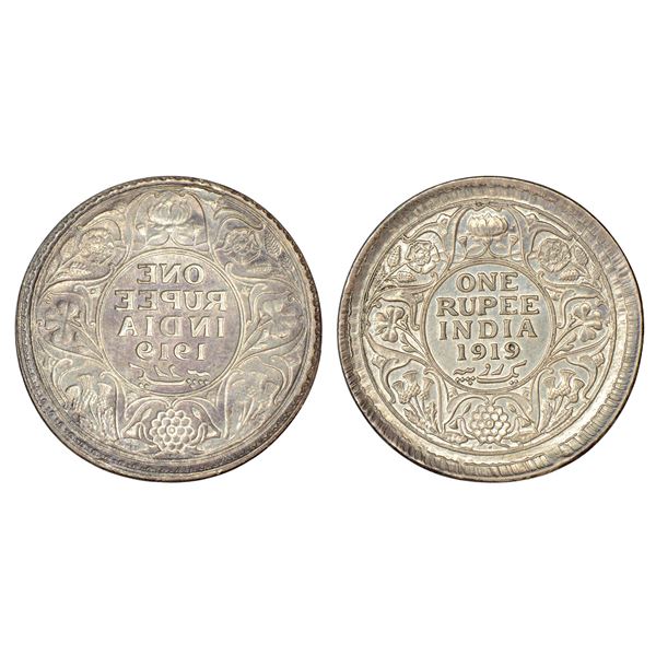 British India: George V, silver rupee, 1919, Bombay, dot, plain edge, beautiful mint error, Lakhi