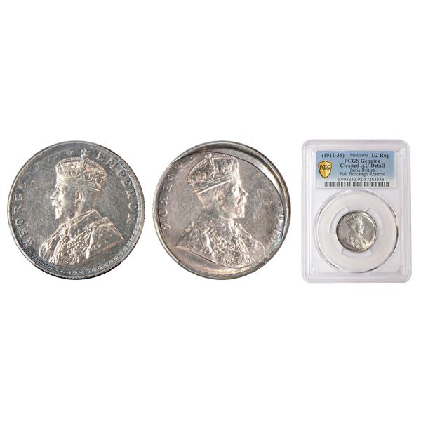 British India: George V, silver ½ rupee, ND (1911-1936 AD), obverse part full brockage (Lakhi)