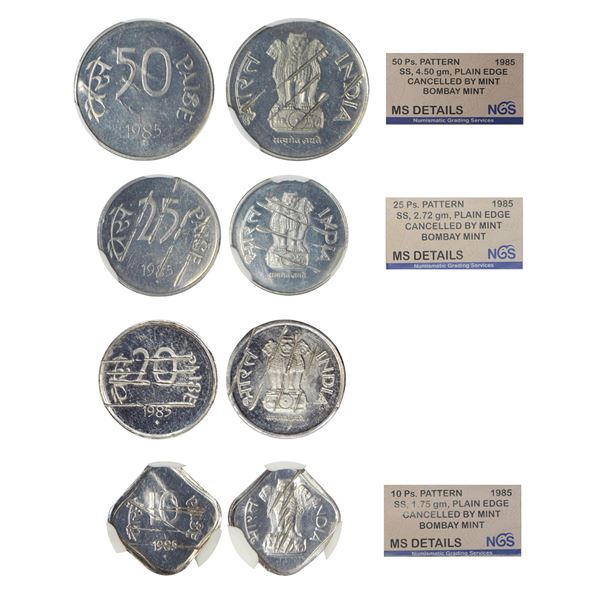 Republic of India: 1985, set of 4 pattern coins, 50 paise, 25 paise, 20 paise and 10 paise,
