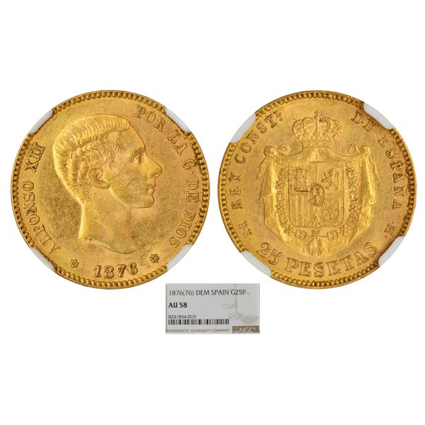 Foreign: Spain, Alfonso XII, gold 25 pesetas, 1876, 6-pointed star mintmark, KM 673, 8.06g.