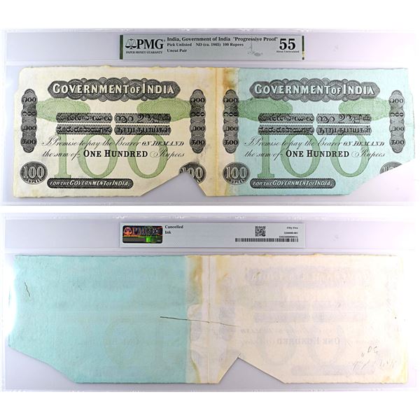 Government of India, Uniface, uncut pair of progressive proof 100 rupees, 1st issue, Green underprin