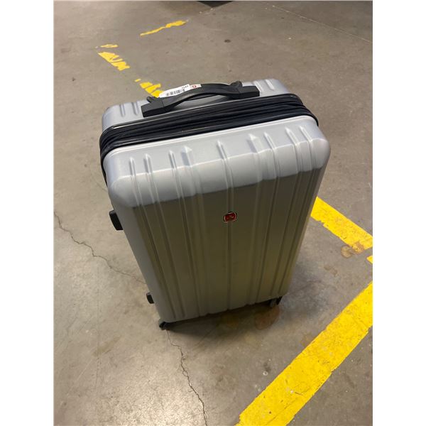 Swiss Gear Silver Hard-Shell Rolling Suitcase With Zipper Closure