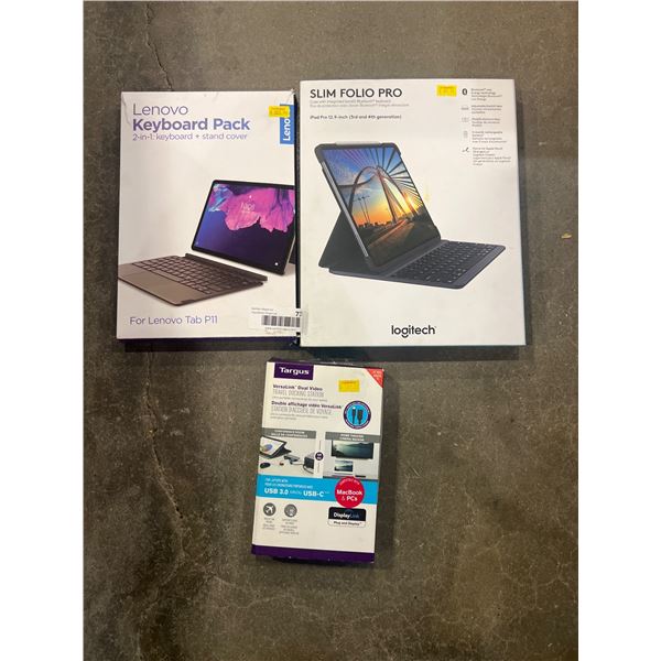3 Electronic Accessories: Logitech Slim Folio Pro, Lenovo Keyboard Pack, Targus Travel Docking Stati
