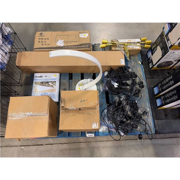 PALLET LOT – Home and Decor Items Including Lighting, Heater, Rug Stop, and Ice Rink Liners