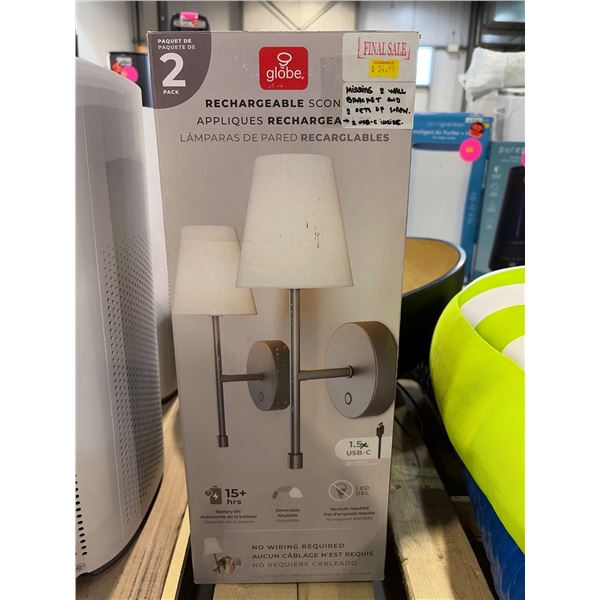 Globe 2-Pack Rechargeable Wall Sconce with USB-C Charging