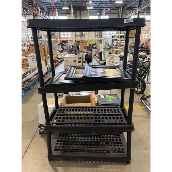 Black Four-Tier Plastic Storage Shelving Unit With Ventilated Shelves