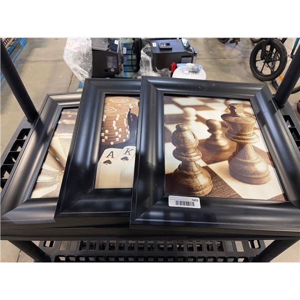 Three Framed Artworks with Chess, Poker, and Abstract Designs