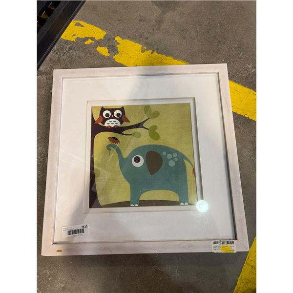Framed Wall Art Featuring Elephant and Owl with Hanging Wire