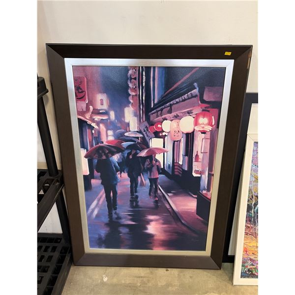 Framed Artwork of Street Scene with Umbrellas in Urban Setting