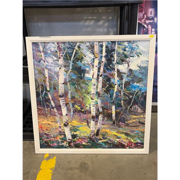 Framed Oil on Canvas Painting of Birch Trees