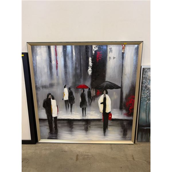 Framed Modern Street Scene Artwork with Red Accent Umbrellas