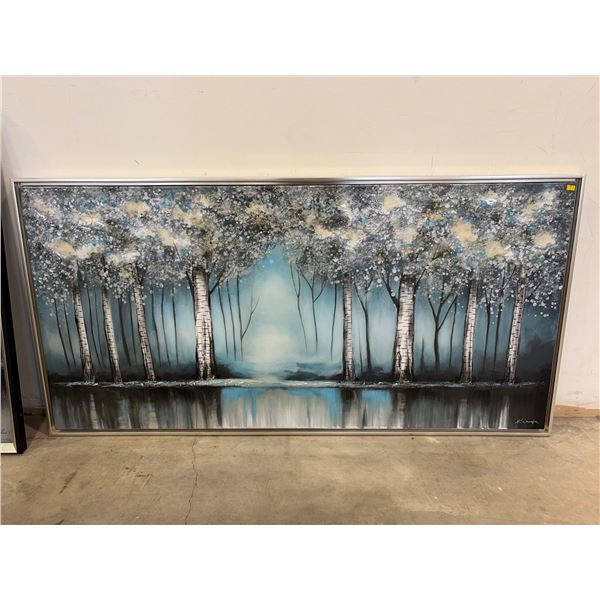Framed Landscape Artwork Featuring Trees and Reflective Water Scene