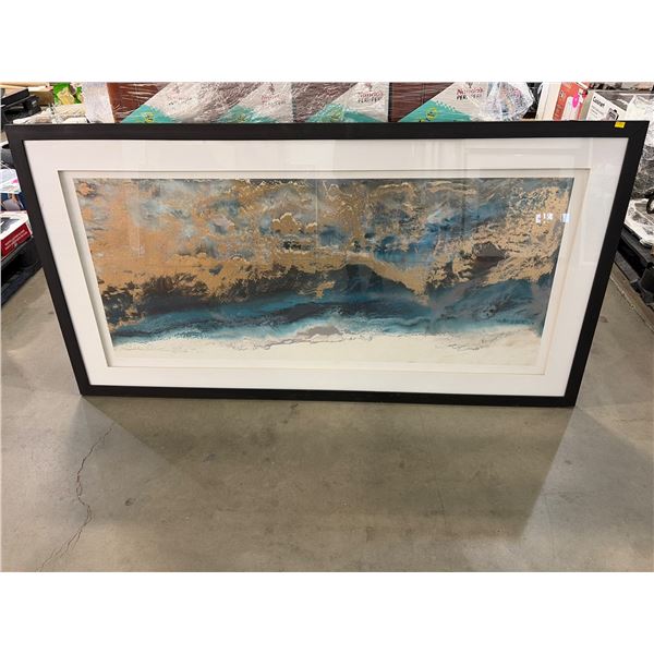 Framed Abstract Mixed Media Artwork With Gold and Blue Tones
