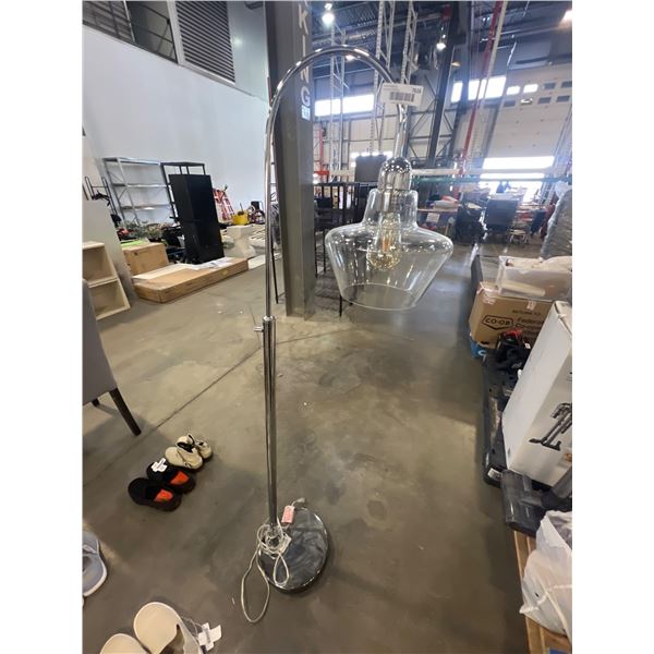 Modern Chrome Arc Floor Lamp With Glass Shade and Edison Bulb