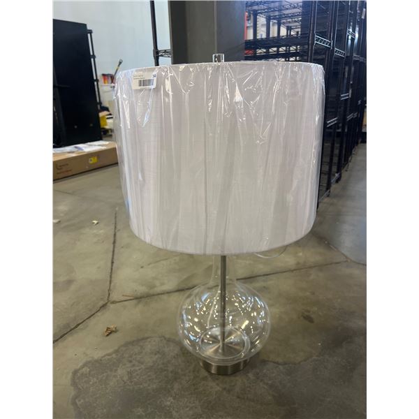 Glass Table Lamp with White Shade and Metal Accents