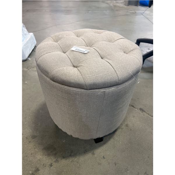 Round Upholstered Ottoman With Storage and Wooden Legs