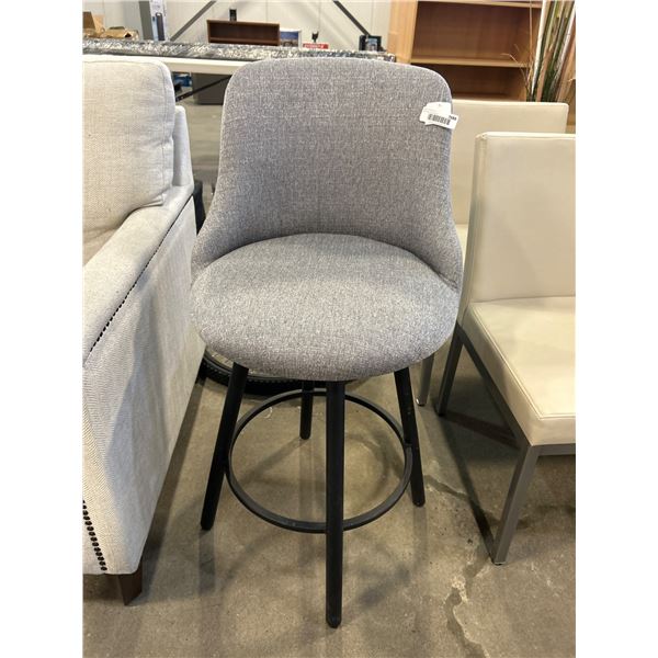 Gray Upholstered Swivel Bar Stool with Round Black Metal Base