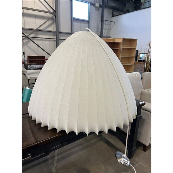 White Pendant Light Fixture with Ribbed Design and Metal Base