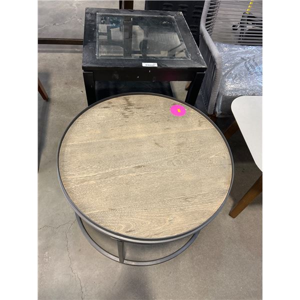 Round Metal Frame Accent Table With Glass Top and Wood Surface