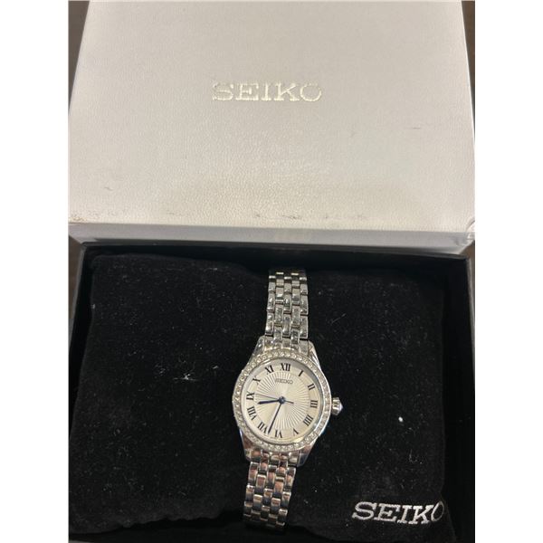 Seiko Ladies’ Stainless Steel Watch with Roman Numerals and Crystal Embellishments