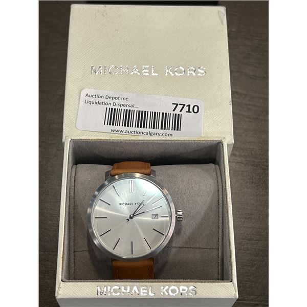 Michael Kors Tan Leather Strap Watch with Silver Dial and Date