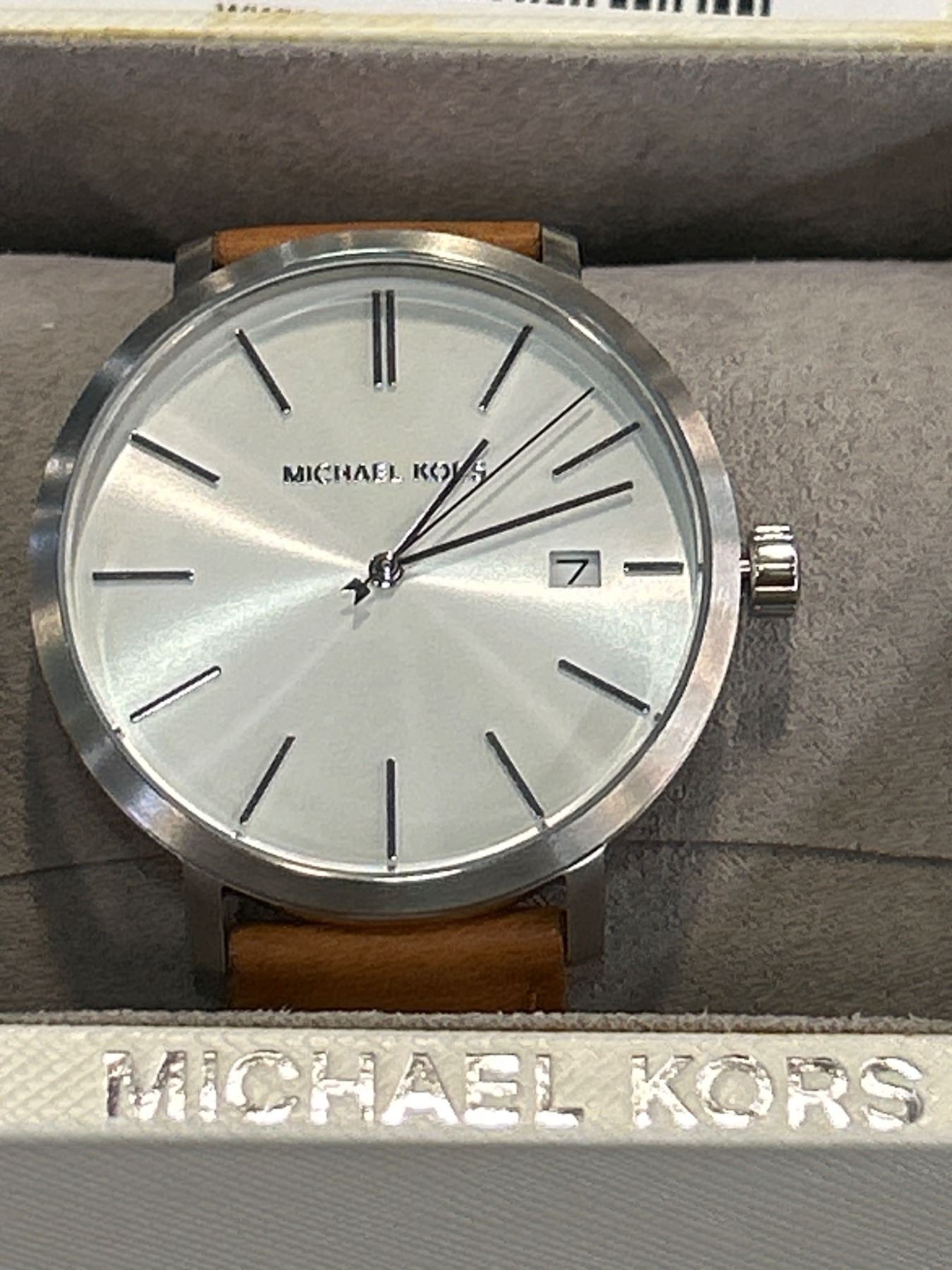 Michael Kors Tan Leather Strap Watch with Silver Dial and Date
