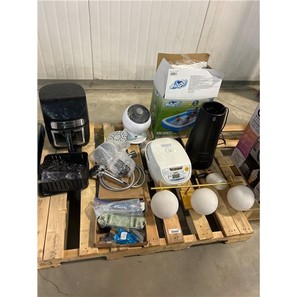 PALLET LOT – Home and Outdoor Items Including Lighting Fixture, Fan, Rice Cooker, Pool, and