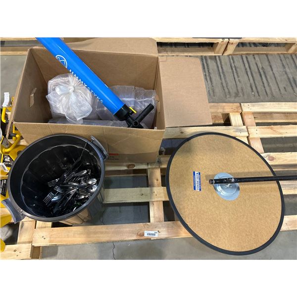 Lot Including Utility Mirror, Pump, Plastic Cutlery, and Plastic Containers