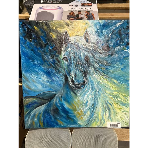Framed Canvas Painting Depicting a White Horse in Blue and Yellow Tones