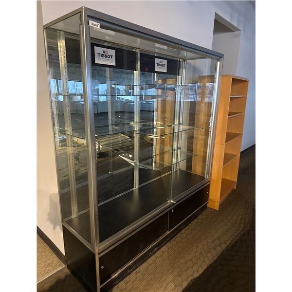 Glass Display Cabinet with Metal Frame and Storage Base