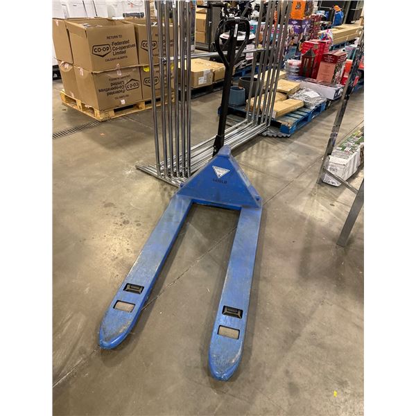 Pallet Jack with Blue Forks and Black Handle needs repair