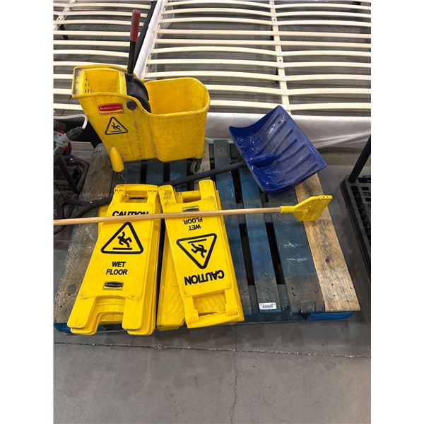 Commercial Cleaning Supplies with Mop, Bucket, Caution Signs and Shovel