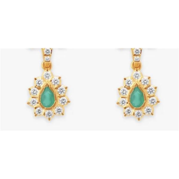 Gold & Lab Diamond & Natural Colombian Emerald Earrings