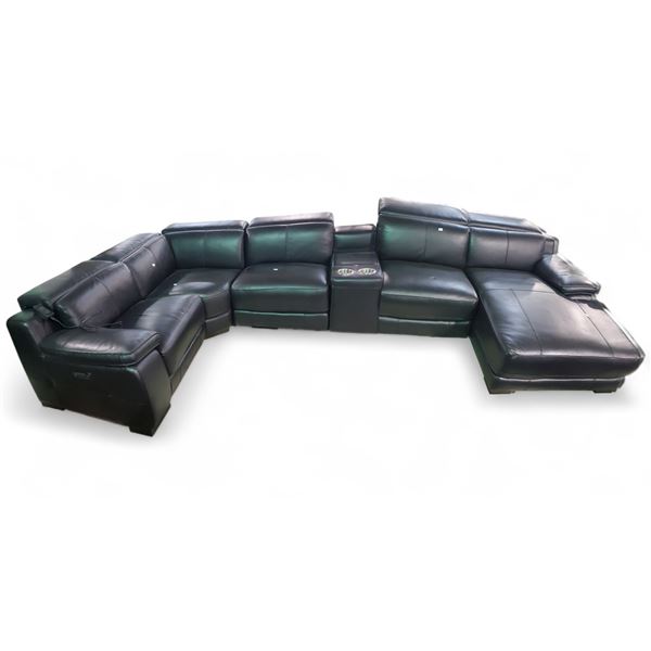 Modern Black Leather Reclining Sectional with Console Armrest And Chaise Lounge
