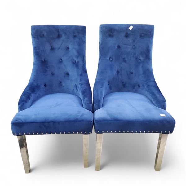 Set of 2 Blue Tufted Velvet Dining Chairs with Nailhead Trim