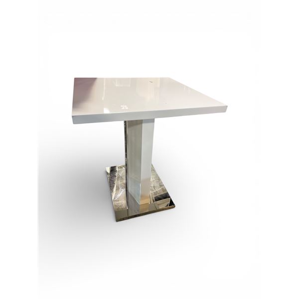 White Gloss End Table with Chrome Pedestal Base, H22" x 19.5" x19.5"